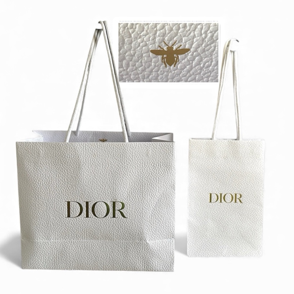 2 Dior Gift Bags Gold Bee Emblem Textured Gold Foil Dior Logo & Rope Handles